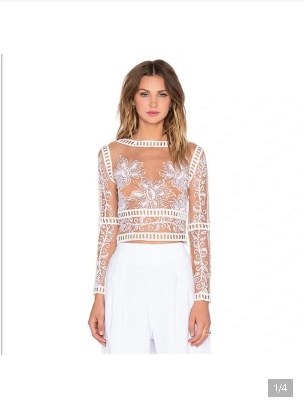 For Love & Lemons White Sheer Embroidered Long‑Sleeve Crop Top